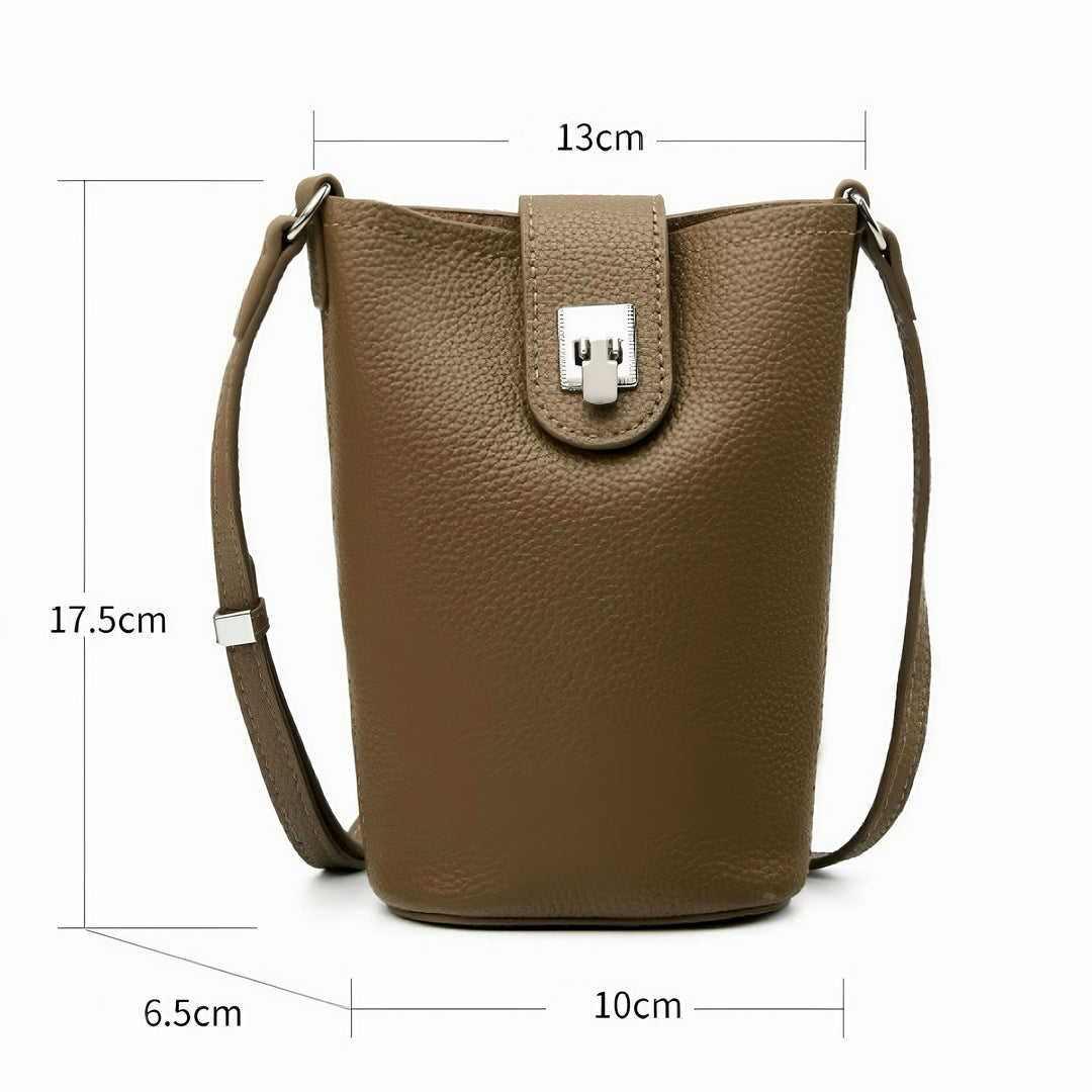 Women's Genuine Leather Vertical Drawstring Bucket Phone Bag
