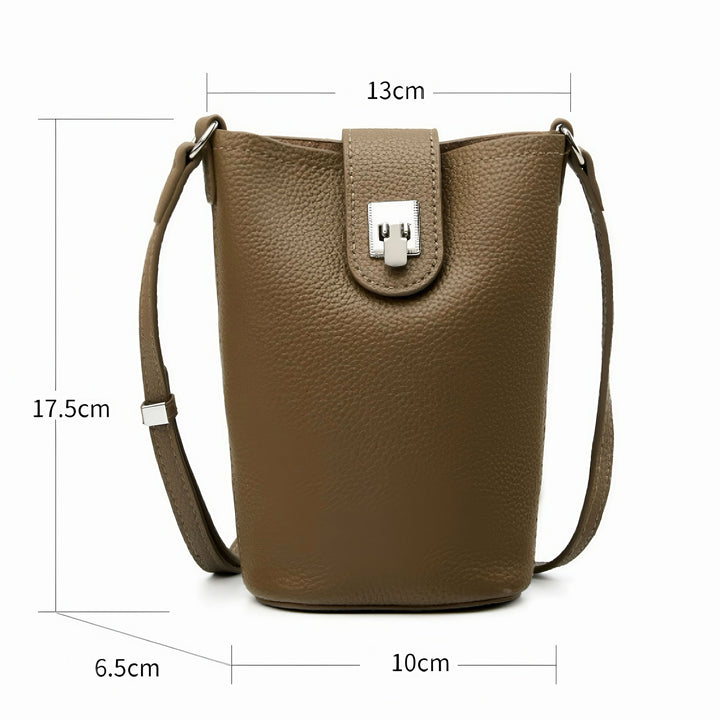 Women's Genuine Leather Vertical Drawstring Bucket Phone Bag