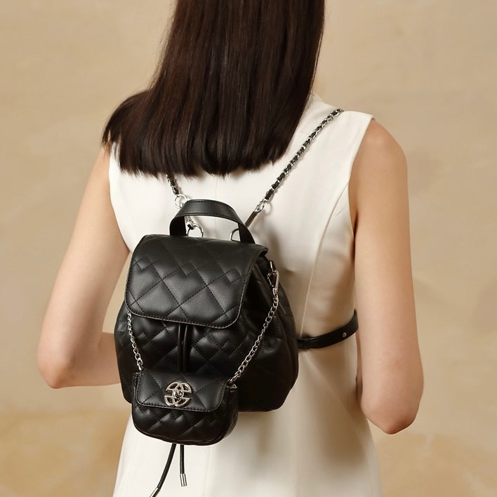 Chic Diamond-Quilted Genuine Leather Mini Backpack with Detachable Pouch