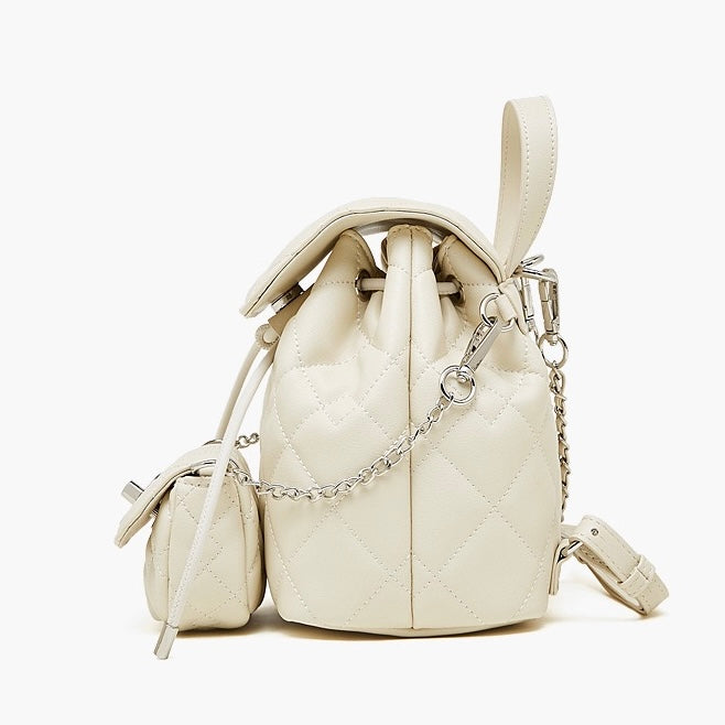 Chic Diamond-Quilted Genuine Leather Mini Backpack with Detachable Pouch