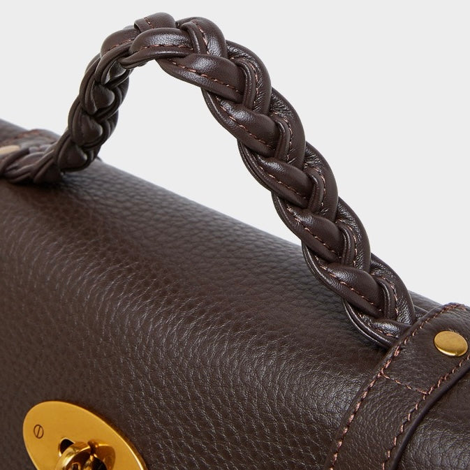 Classic Buckle-Detail Leather Satchel with Braided Handle