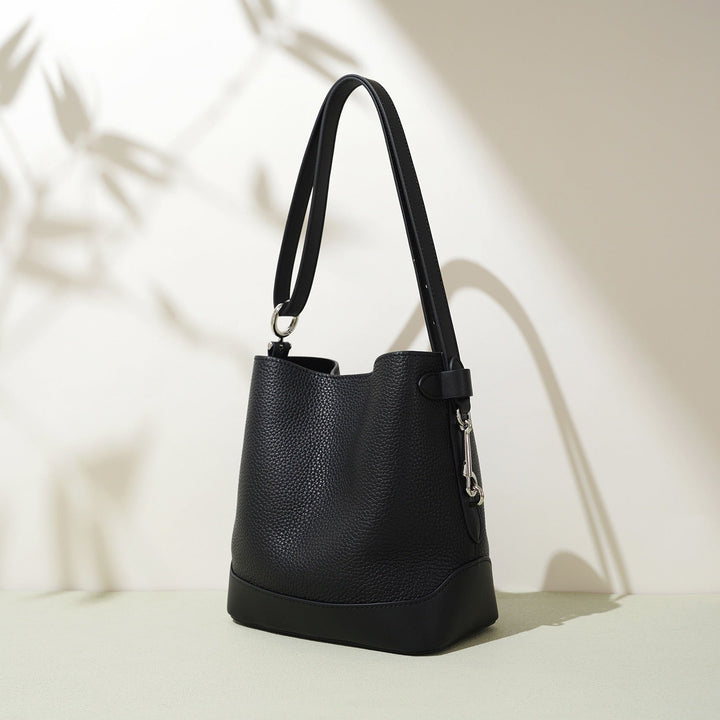 Women’s Genuine Leather Lychee Grain Bucket Shoulder Crossbody Bag