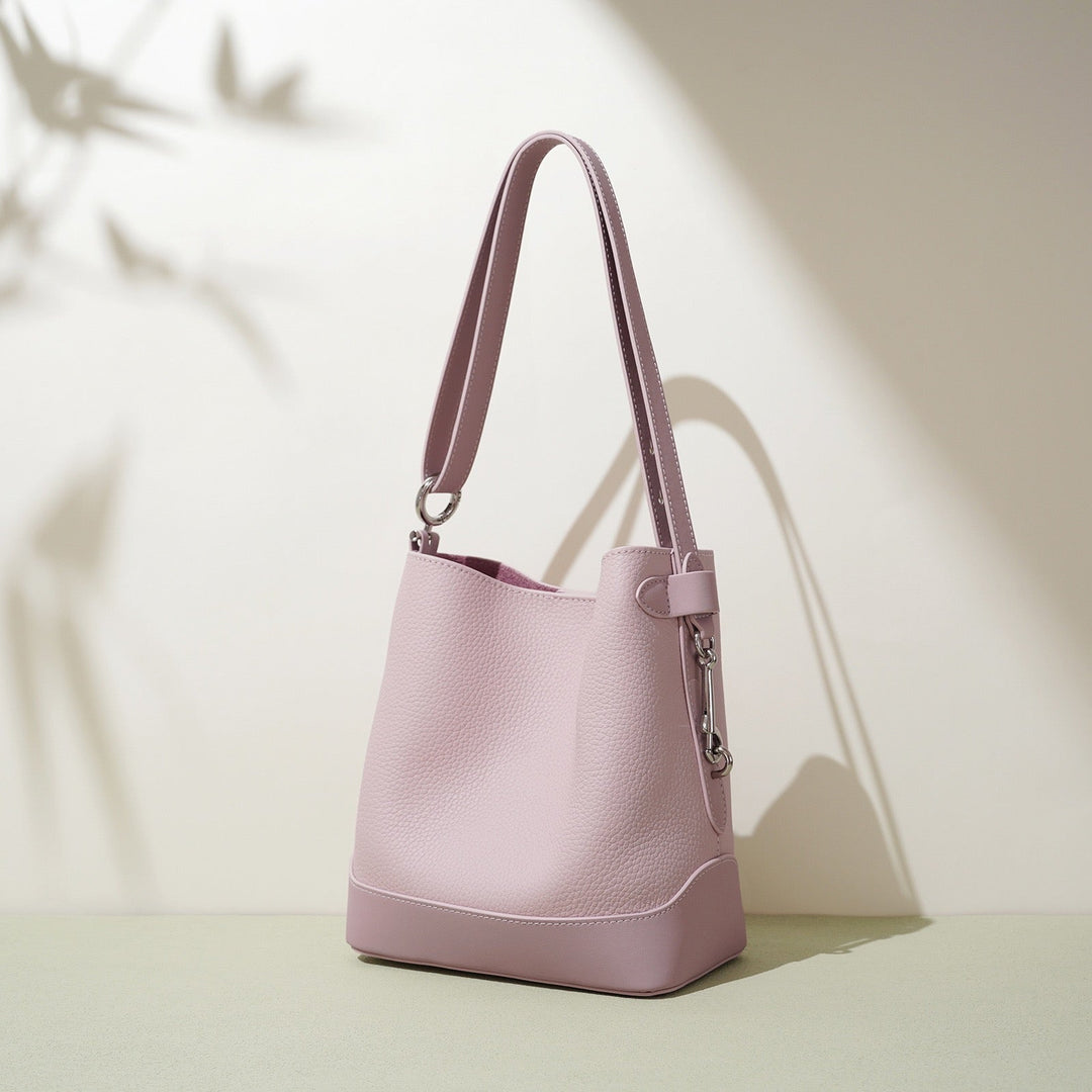Women’s Genuine Leather Lychee Grain Bucket Shoulder Crossbody Bag