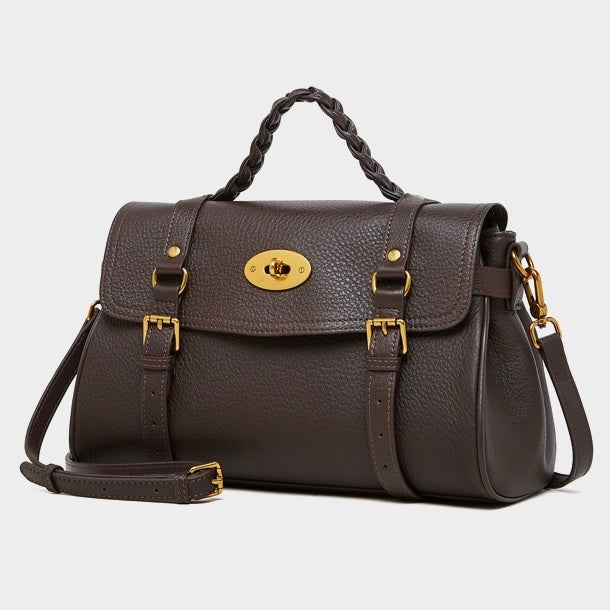 Classic Buckle-Detail Leather Satchel with Braided Handle