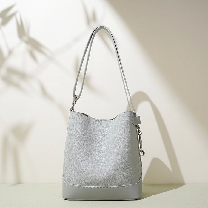 Women’s Genuine Leather Lychee Grain Bucket Shoulder Crossbody Bag