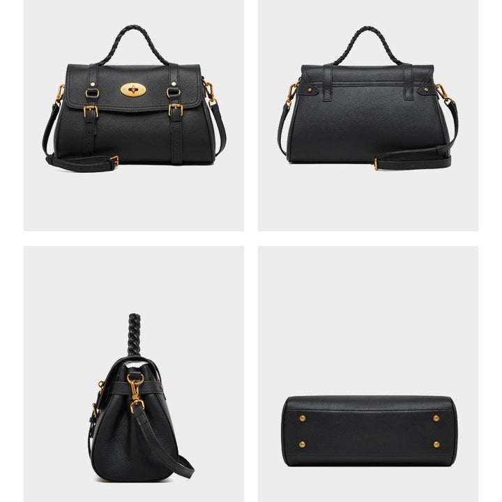 Classic Buckle-Detail Leather Satchel with Braided Handle