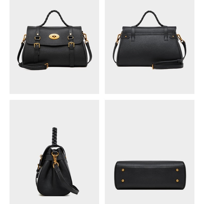 Classic Buckle-Detail Leather Satchel with Braided Handle