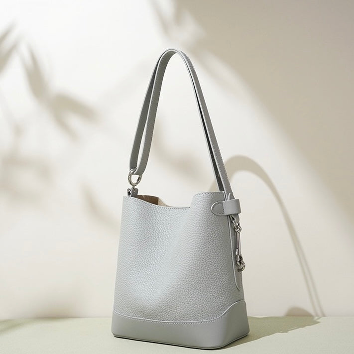Women’s Genuine Leather Lychee Grain Bucket Shoulder Crossbody Bag
