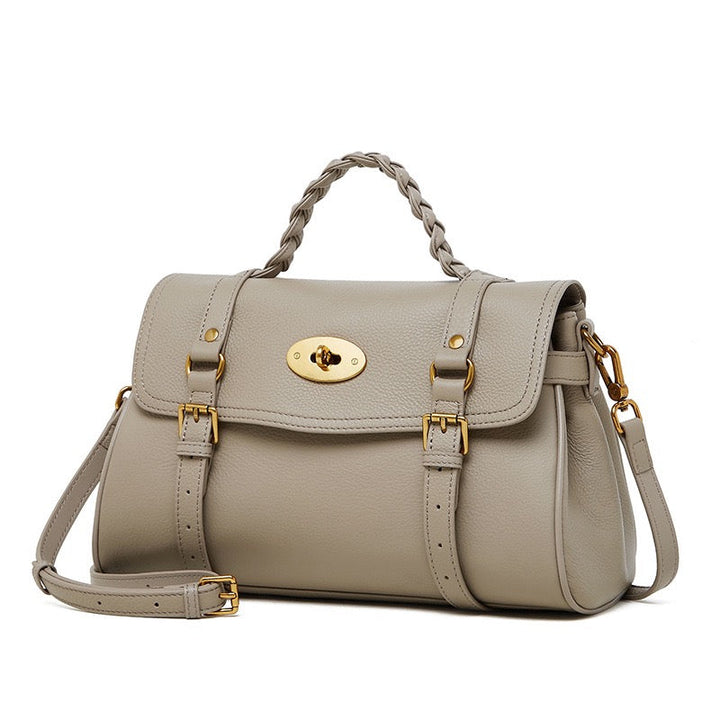 Classic Buckle-Detail Leather Satchel with Braided Handle