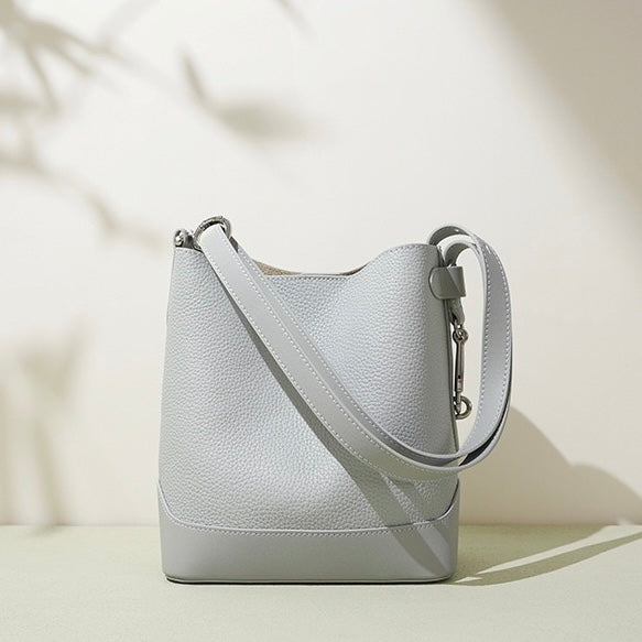 Women’s Genuine Leather Lychee Grain Bucket Shoulder Crossbody Bag