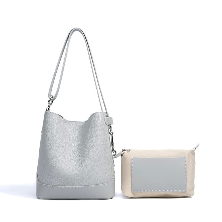 Women’s Genuine Leather Lychee Grain Bucket Shoulder Crossbody Bag