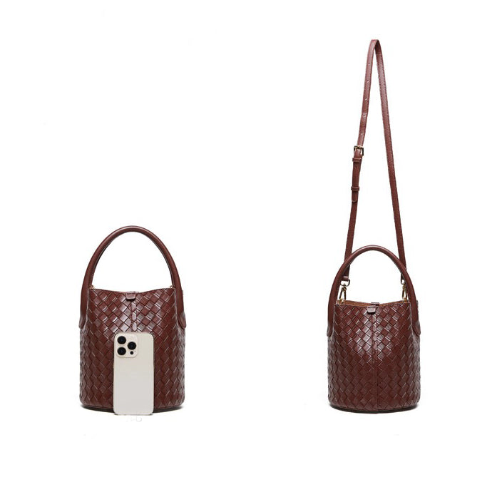 Women’s Luxury Genuine Leather Woven Bucket Crossbody Handbag