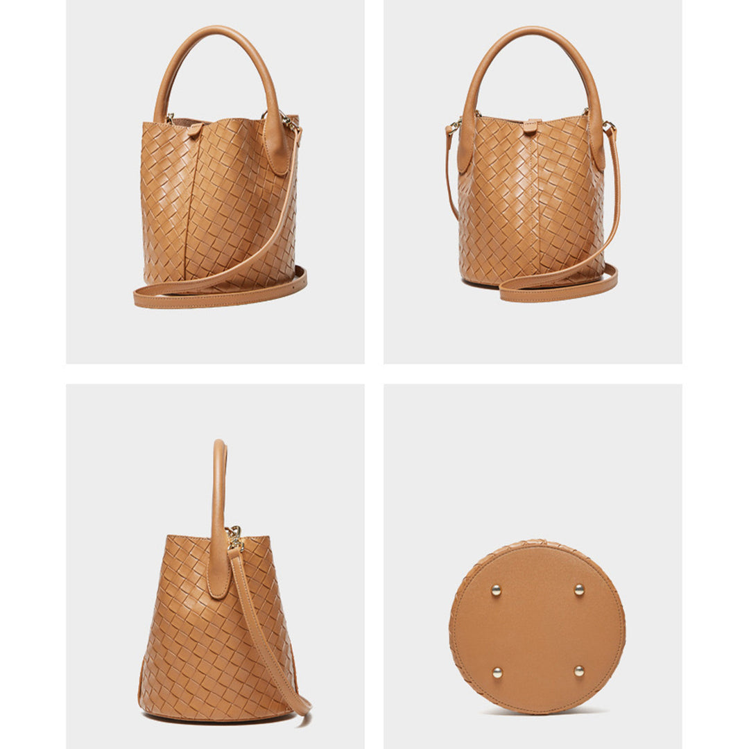 Women’s Luxury Genuine Leather Woven Bucket Crossbody Handbag