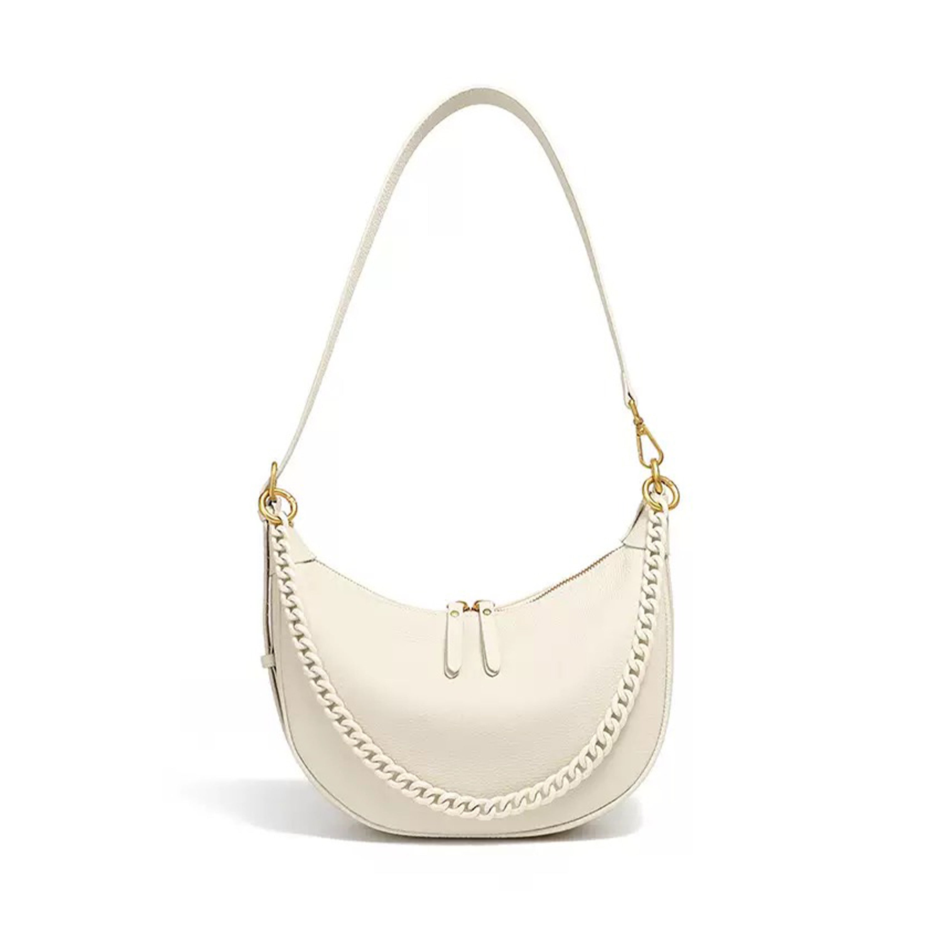 Women’s Genuine Leather Baguette Dumpling Bag with Luxe Chain