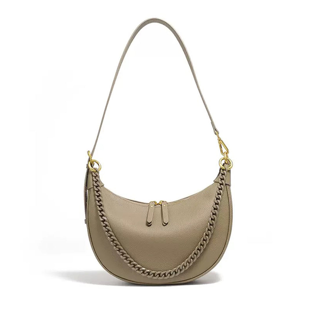 Women’s Genuine Leather Baguette Dumpling Bag with Luxe Chain