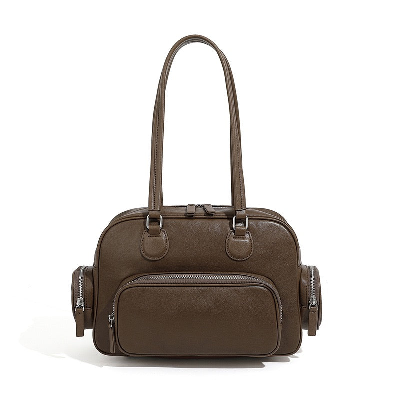 Vintage Genuine Leather Bowling Handbag with Side Pockets