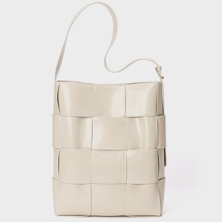 Beige Woven Leather Bucket Shoulder Bag