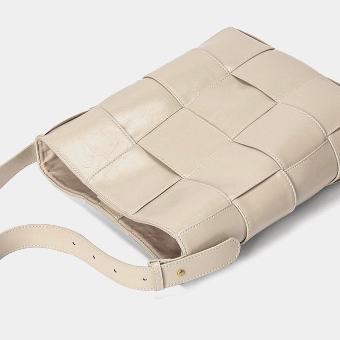 Beige Woven Leather Bucket Shoulder Bag