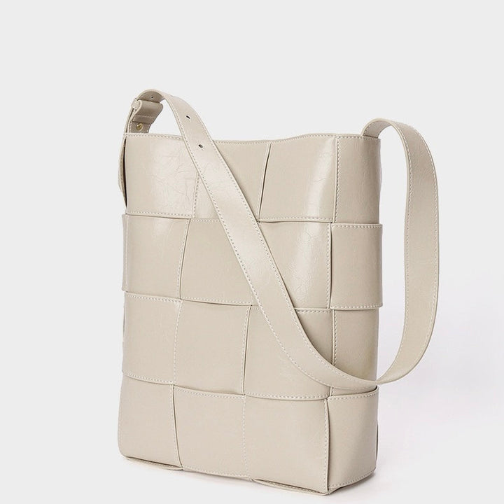 Beige Woven Leather Bucket Shoulder Bag