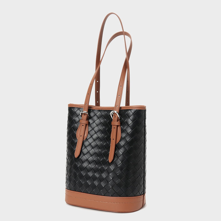 Woven Genuine Leather Color Block Bucket Tote Bag