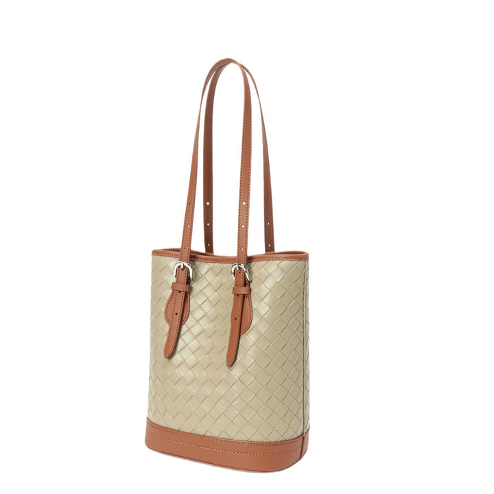 Woven Genuine Leather Color Block Bucket Tote Bag