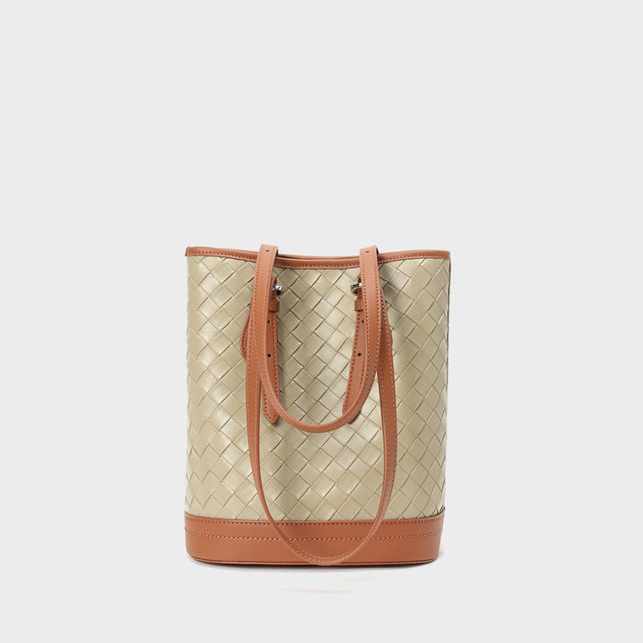 Woven Genuine Leather Color Block Bucket Tote Bag