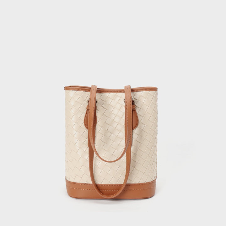 Woven Genuine Leather Color Block Bucket Tote Bag