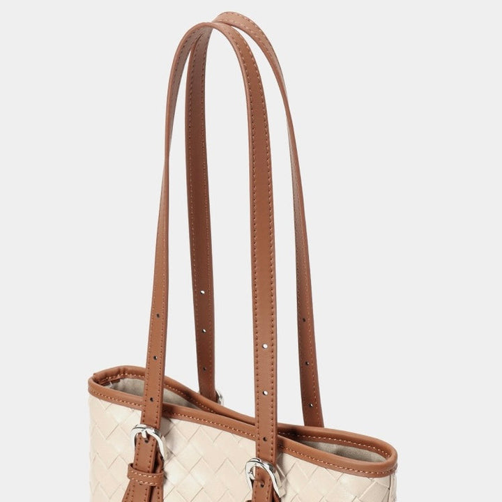 Woven Genuine Leather Color Block Bucket Tote Bag