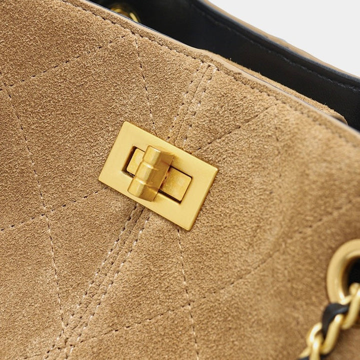 Suede Genuine Leather Color Block Chain Bucket Bag