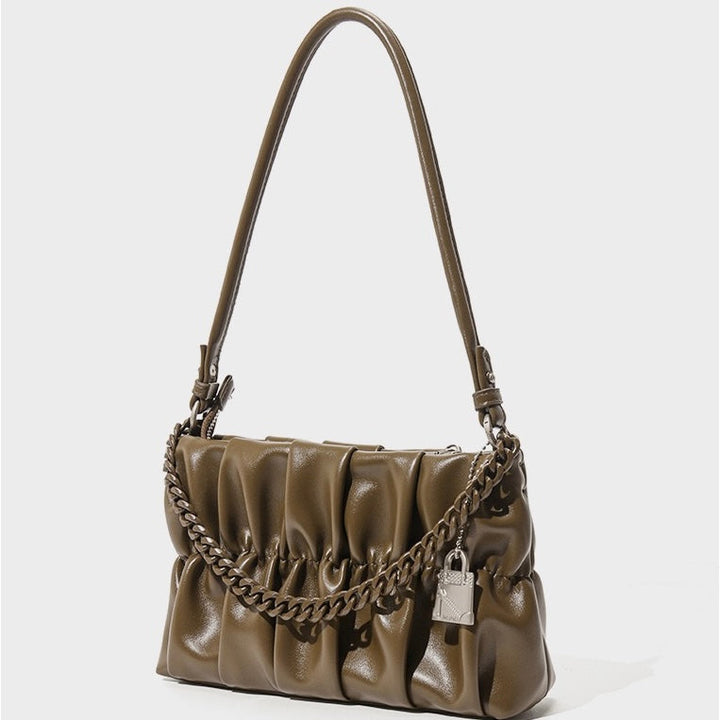 Textured Olive Genuine Leather Shoulder Bag with Chain & Lock Charm