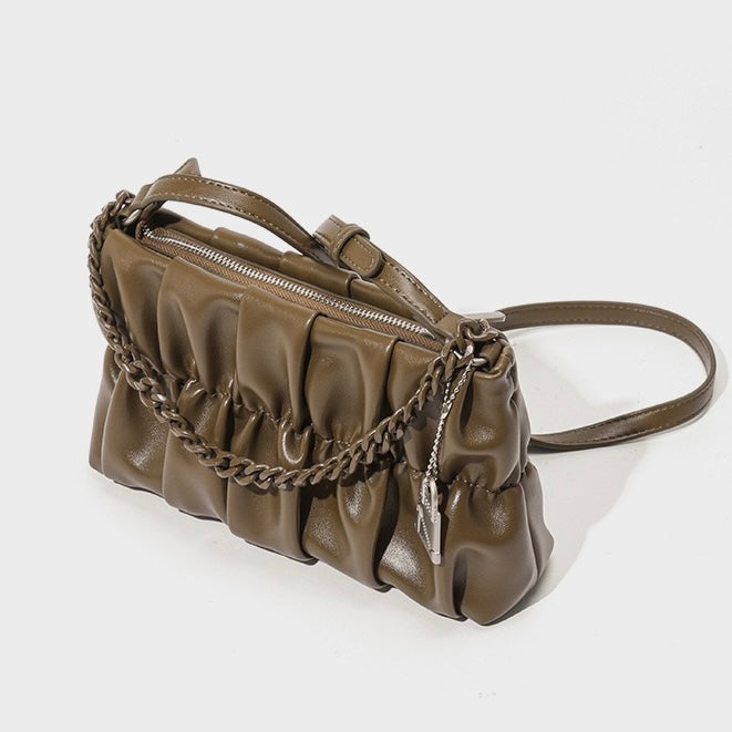 Textured Olive Genuine Leather Shoulder Bag with Chain & Lock Charm