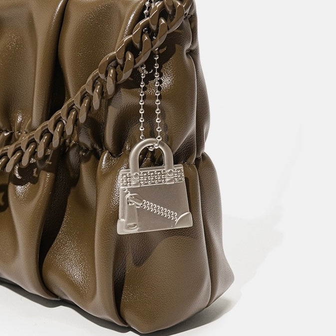 Textured Olive Genuine Leather Shoulder Bag with Chain & Lock Charm