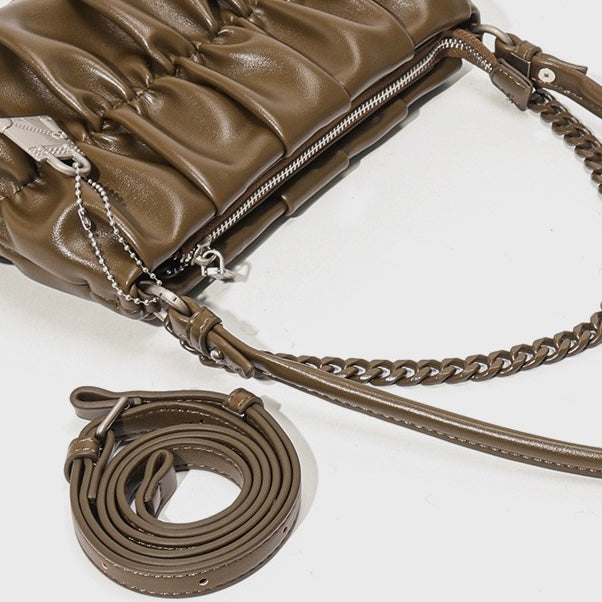 Textured Olive Genuine Leather Shoulder Bag with Chain & Lock Charm
