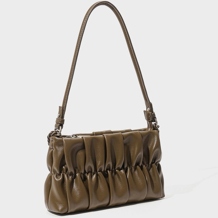 Textured Olive Genuine Leather Shoulder Bag with Chain & Lock Charm