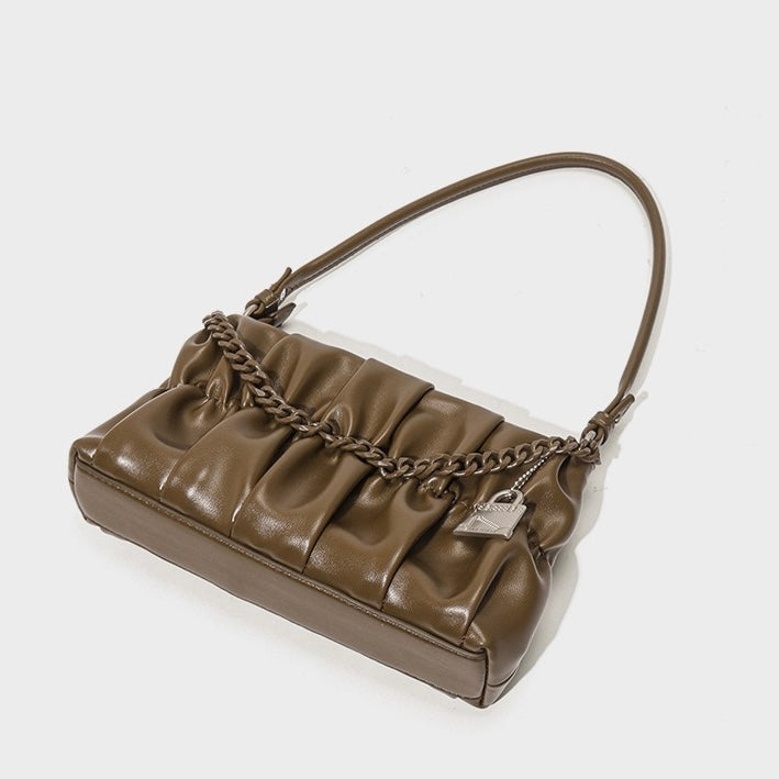 Textured Olive Genuine Leather Shoulder Bag with Chain & Lock Charm