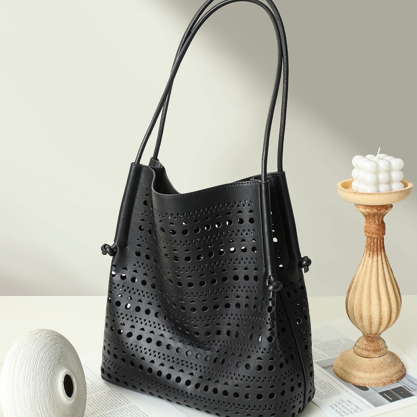 Genuine Leather Perforated Tote Bag with Detachable Pouch