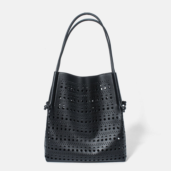 Genuine Leather Perforated Tote Bag with Detachable Pouch