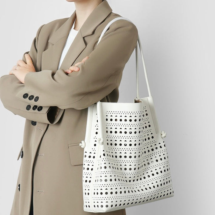 Genuine Leather Perforated Tote Bag with Detachable Pouch