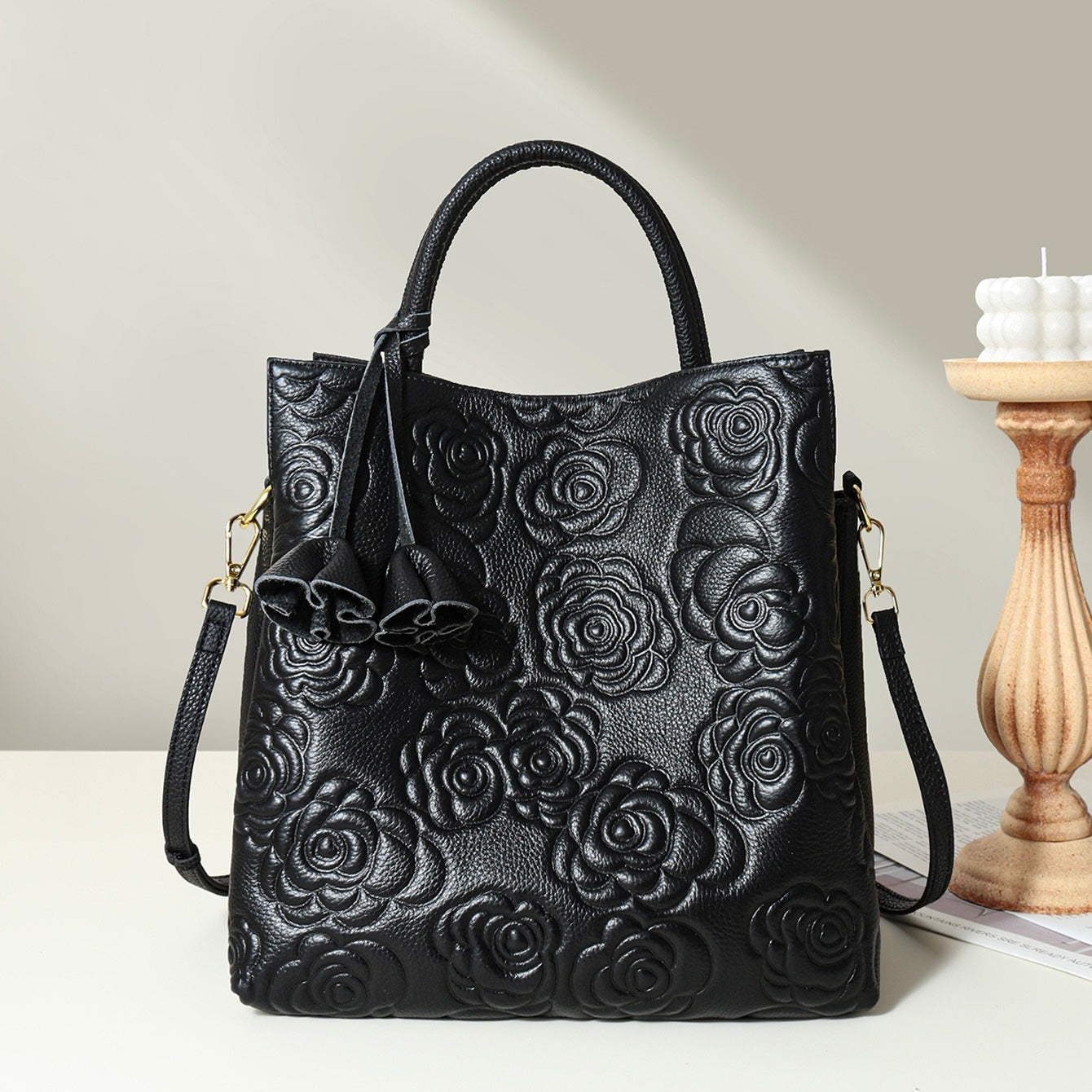 Genuine Leather Rose Embossed Tote Bag With Detachable Strap