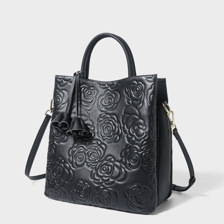 Genuine Leather Rose Embossed Tote Bag With Detachable Strap