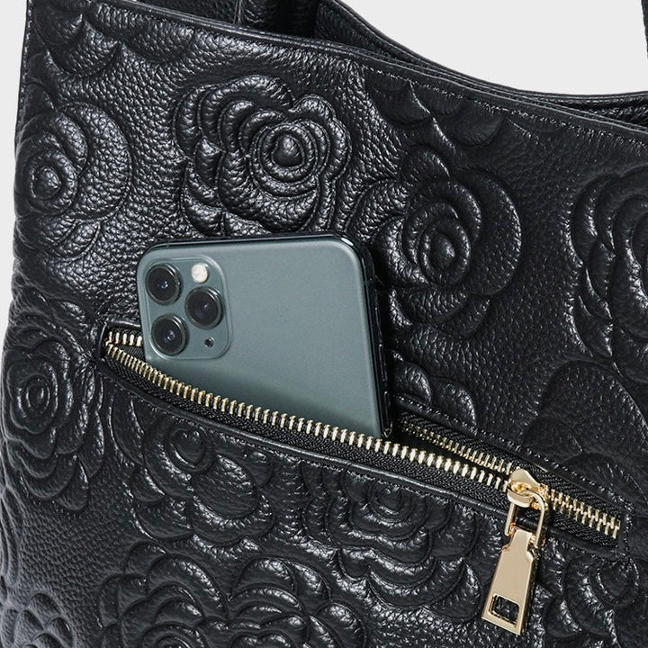 Genuine Leather Rose Embossed Tote Bag With Detachable Strap