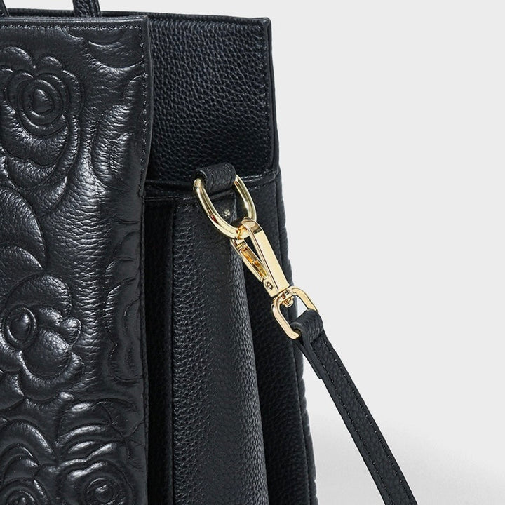 Genuine Leather Rose Embossed Tote Bag With Detachable Strap