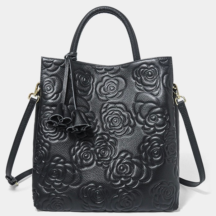 Genuine Leather Rose Embossed Tote Bag With Detachable Strap