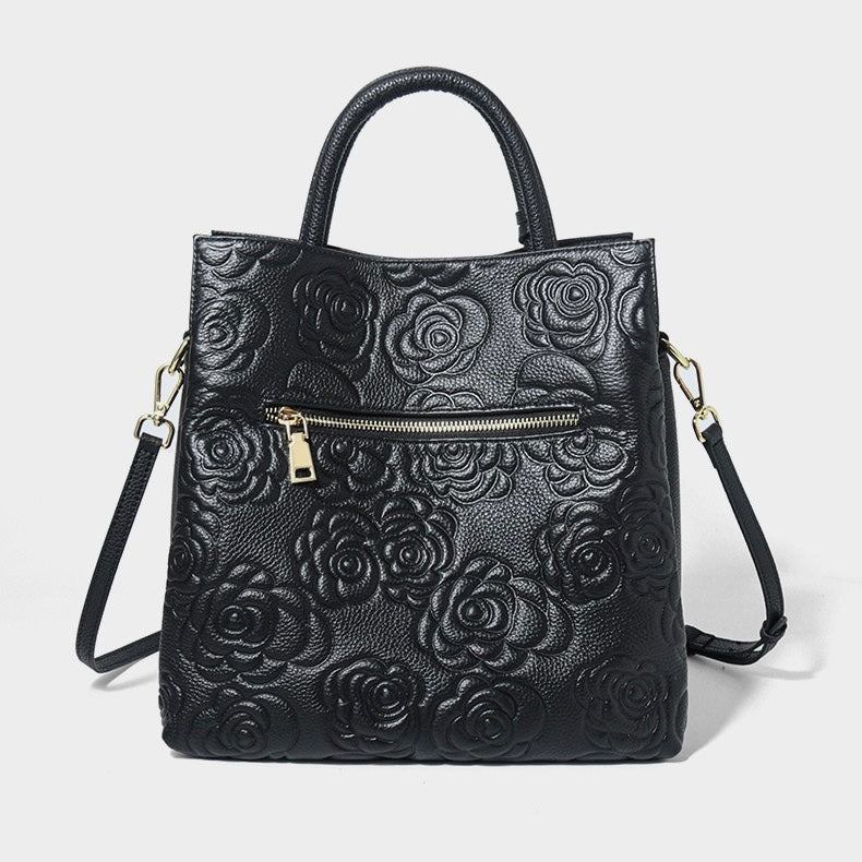 Genuine Leather Rose Embossed Tote Bag With Detachable Strap