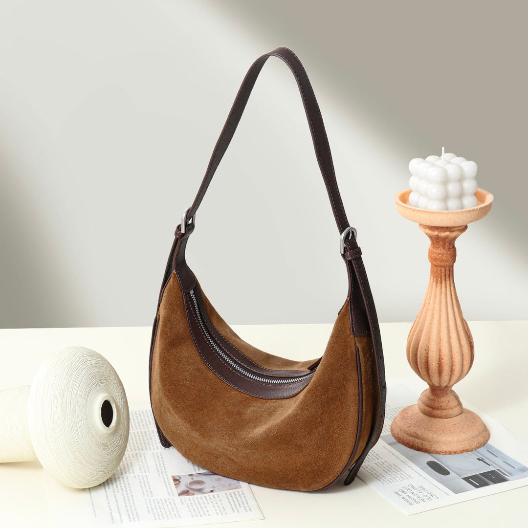 Brown Suede Leather Hobo Shoulder Dumpling Bag