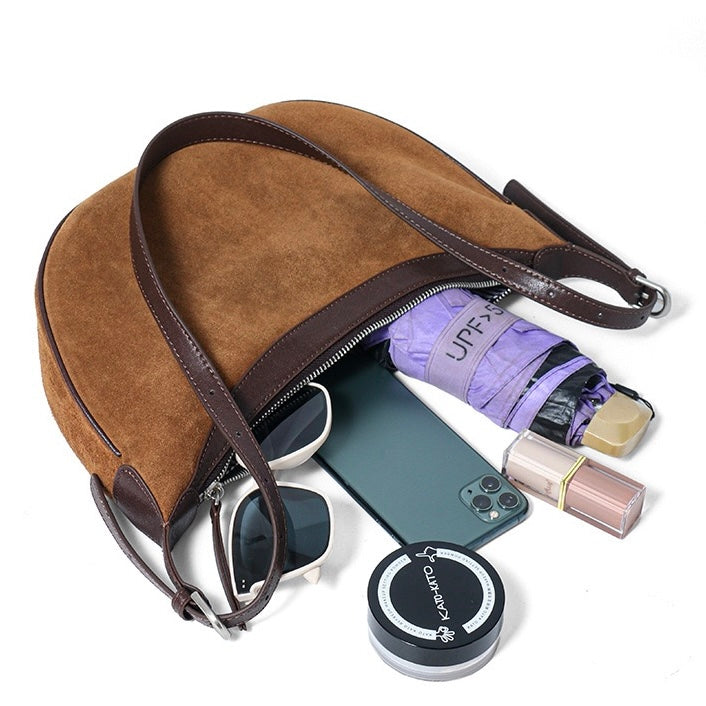 Brown Suede Leather Hobo Shoulder Dumpling Bag