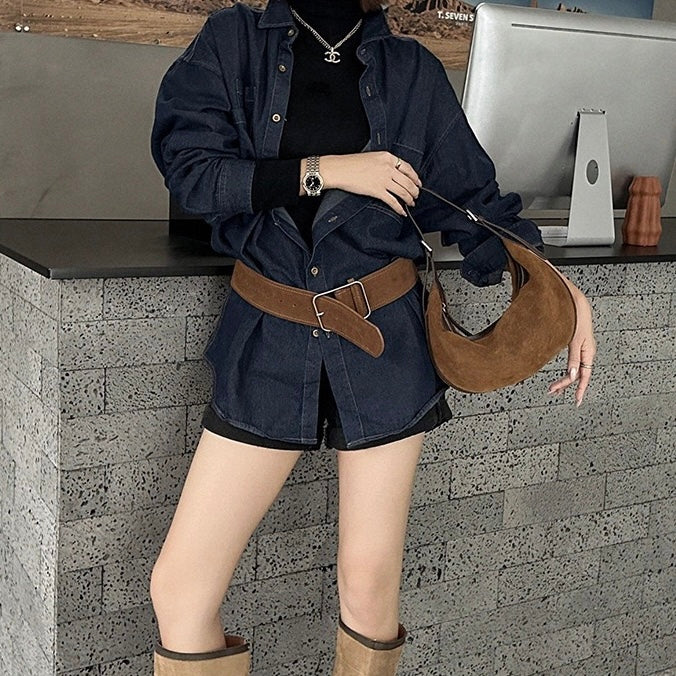 Brown Suede Leather Hobo Shoulder Dumpling Bag