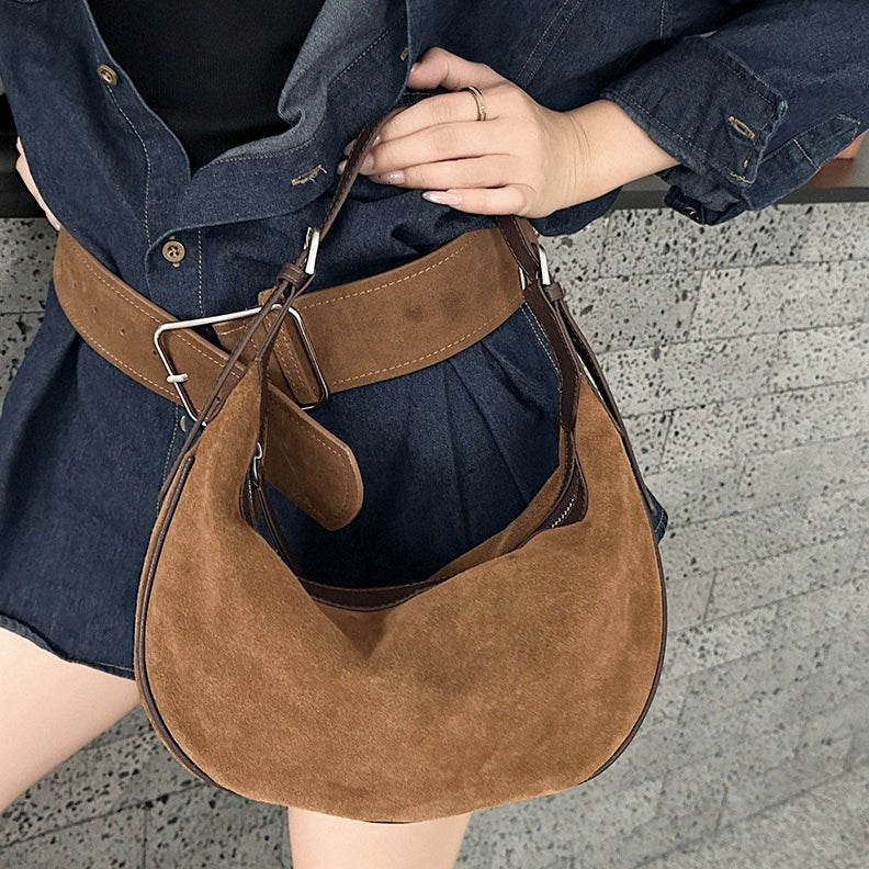 Brown Suede Leather Hobo Shoulder Dumpling Bag