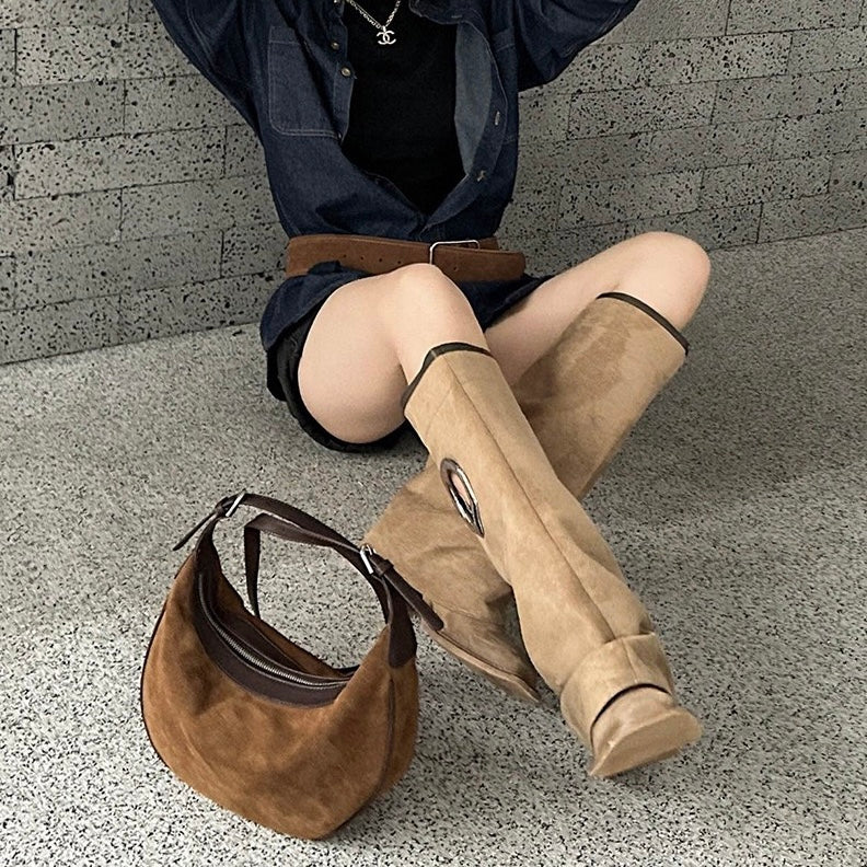 Brown Suede Leather Hobo Shoulder Dumpling Bag