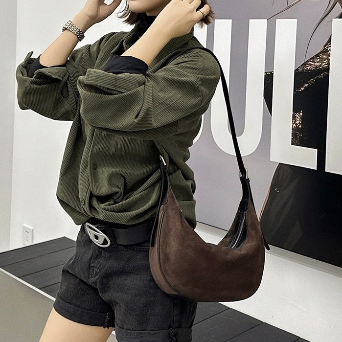 Brown Suede Leather Hobo Shoulder Dumpling Bag